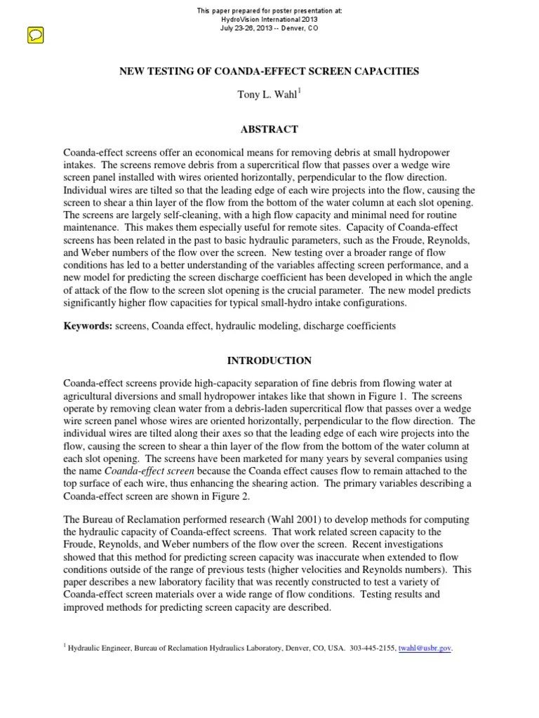 New Testing of CoandaEffect Screen Capacities PDF Reynolds Number