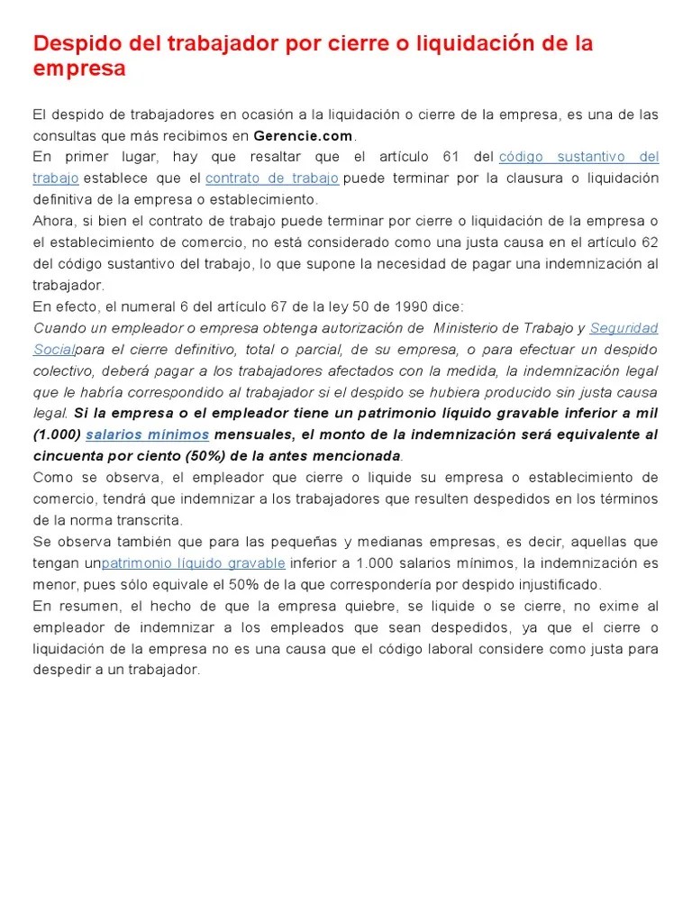 Despido Del Trabajador Por Cierre o Liquidación de La Empresa Derecho