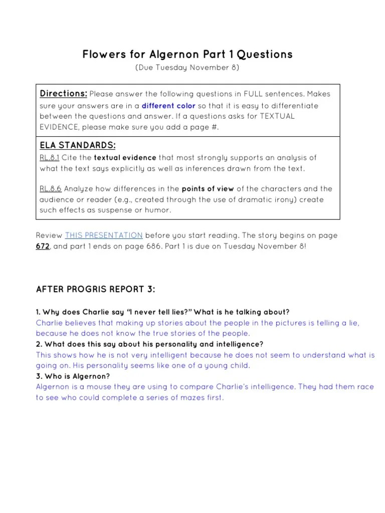 Flowers For Algernon Part 1 Questions Directions PDF