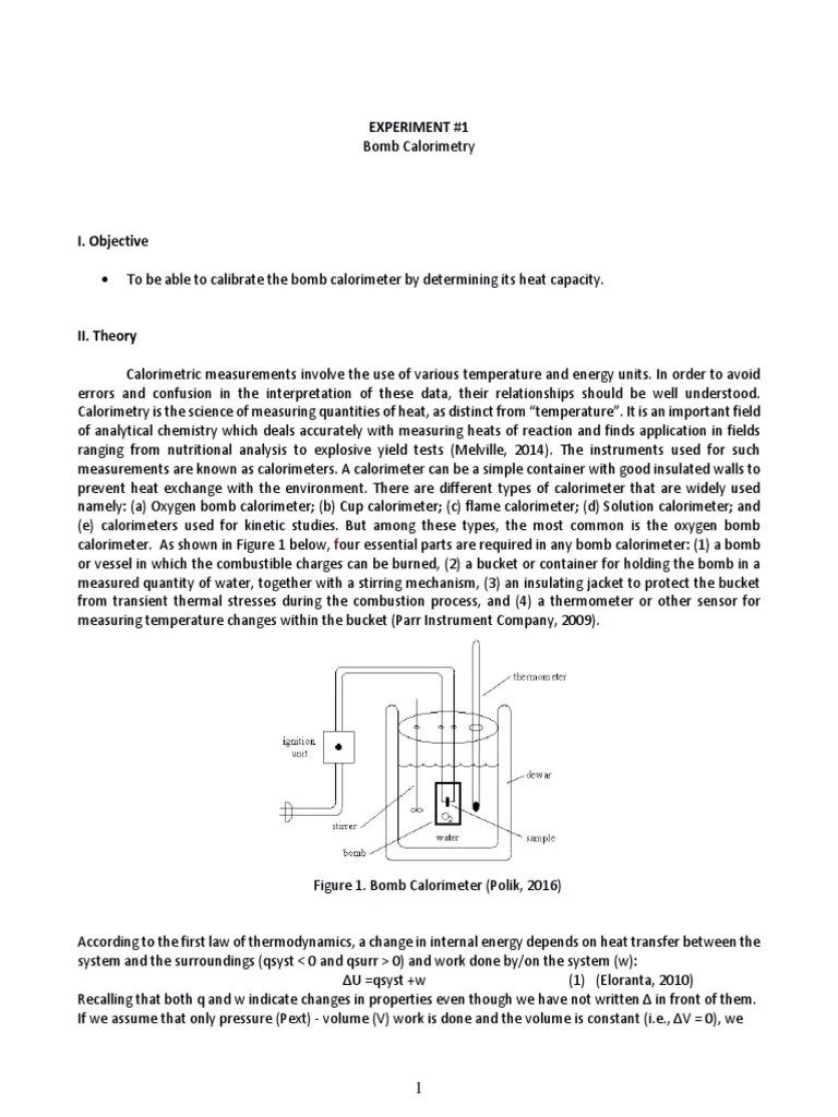 Experiment 1 Bomb Calorimetry Calorimetry Heat