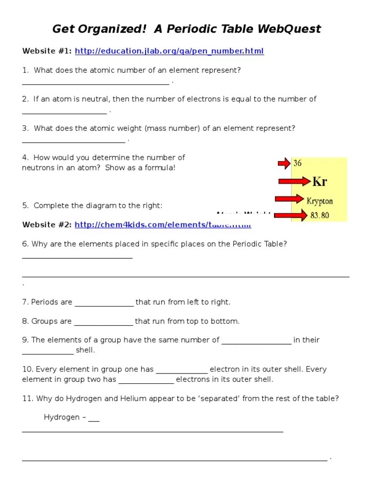 Periodic trends webquest part i. Get Organized A Periodic Table Webquest Answer Key ...