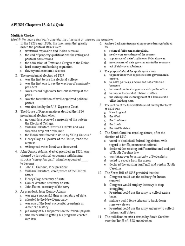 APUSH Ch 13 and 14 Quiz Andrew Jackson Presidents Of