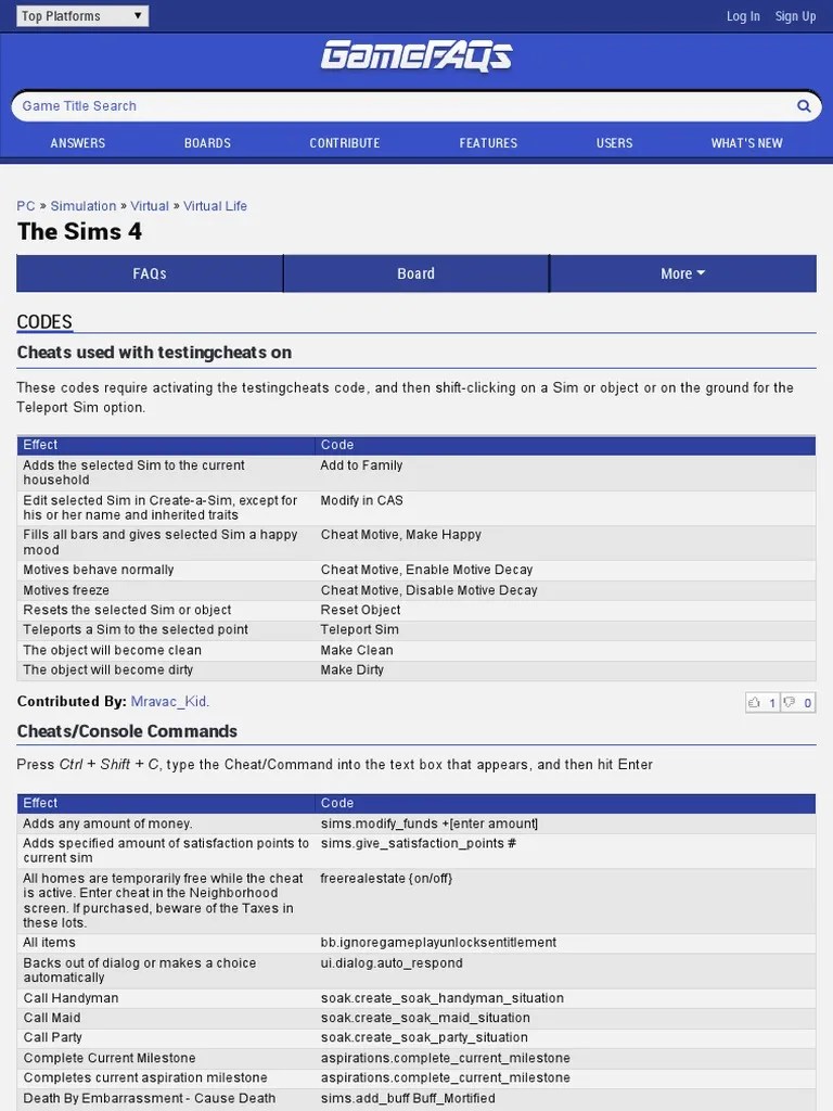 The Sims 4 Cheats, Codes, and Secrets For PC GameFAQs PDF