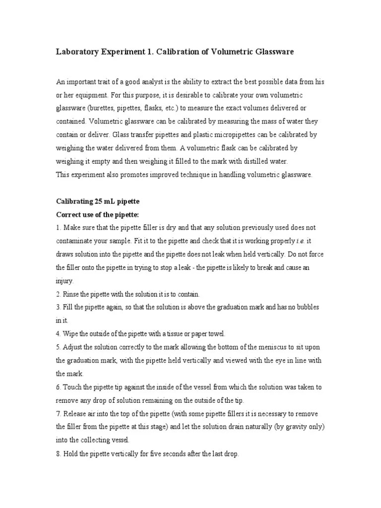 Laboratory Experiment 1. Calibration of Volumetric Glassware PDF Nature