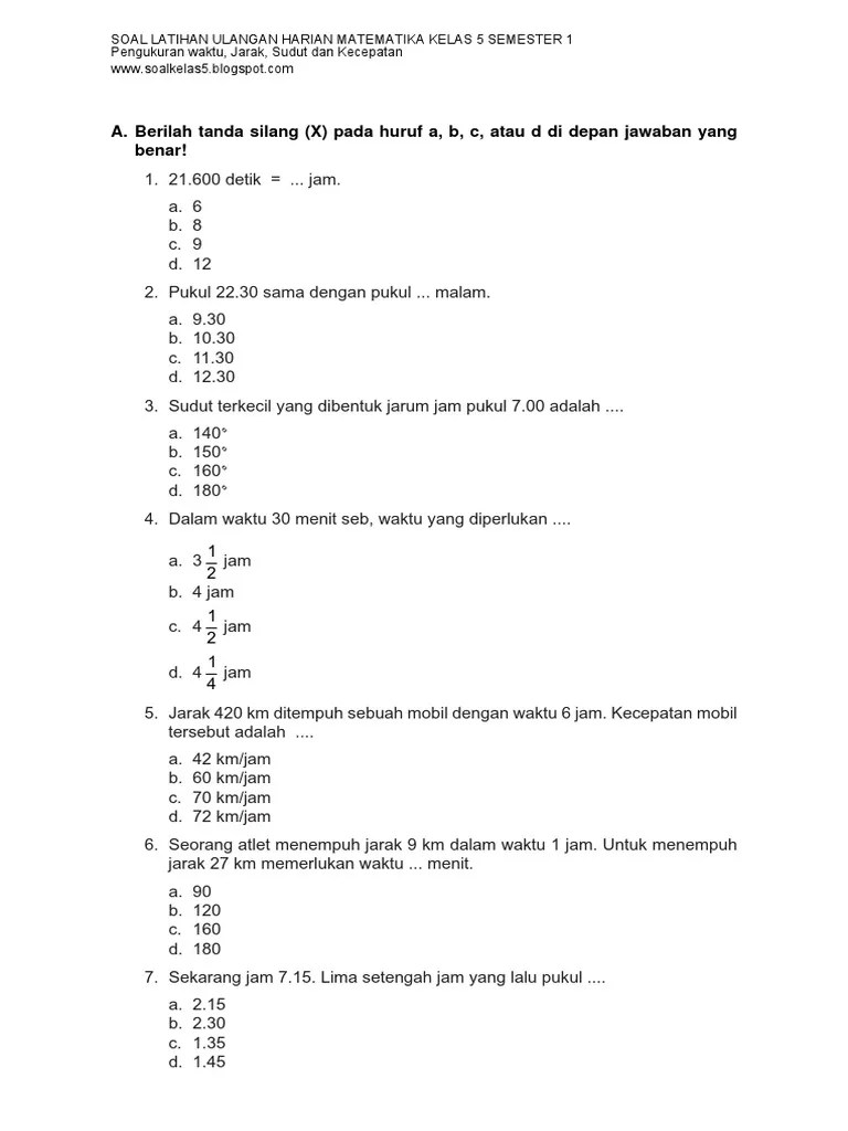 Soal Matematika Kelas 5 Tentang Kecepatan Dan Kunci Jawaban Revisi