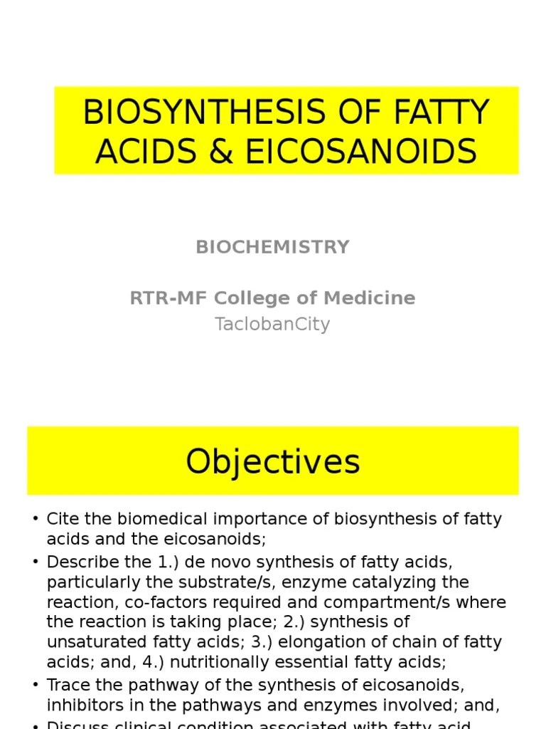 Biosynthesis of Fatty Acids & Eicosanoids PDF Prostaglandin