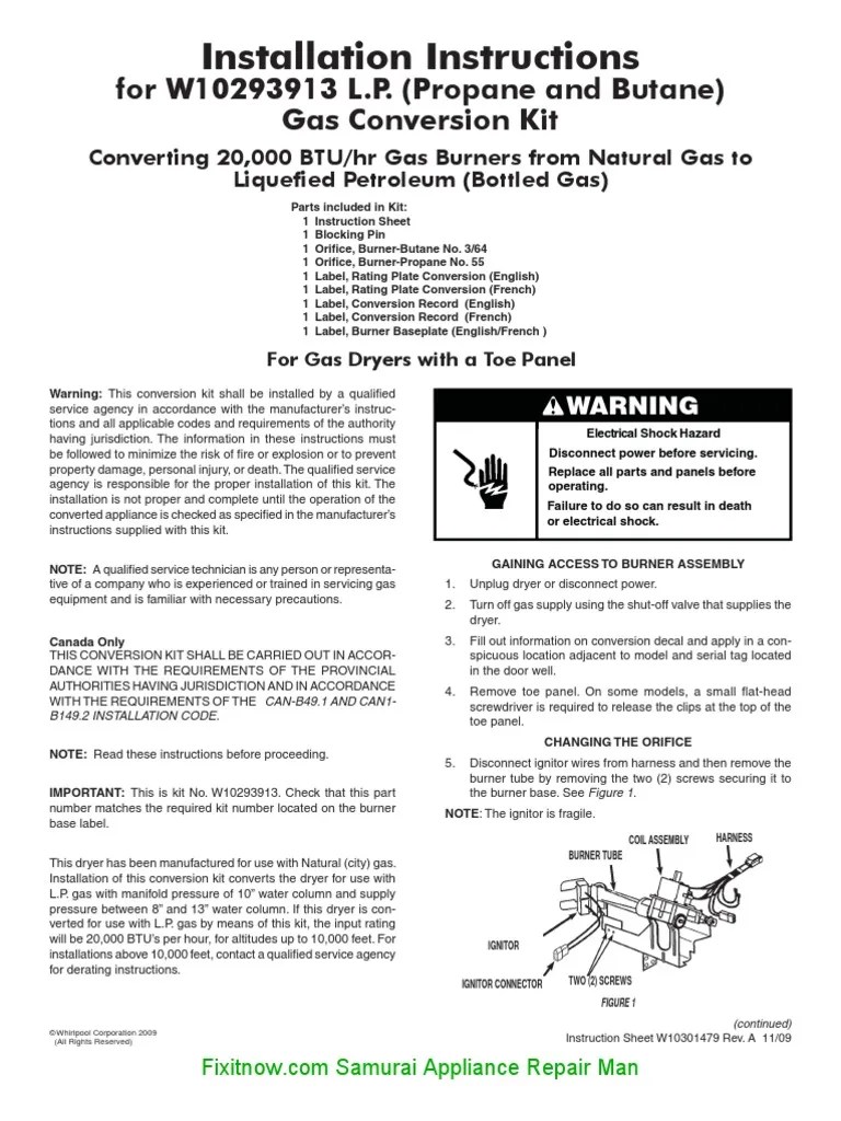 Whirlpool Gas Dryer Conversion Kit Instructions W10301479A Liquefied
