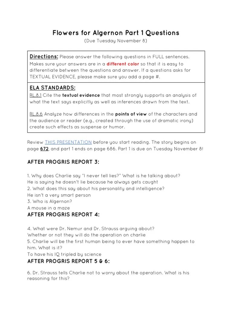 Flowers For Algernon Part 1 Questions: Directions | PDF