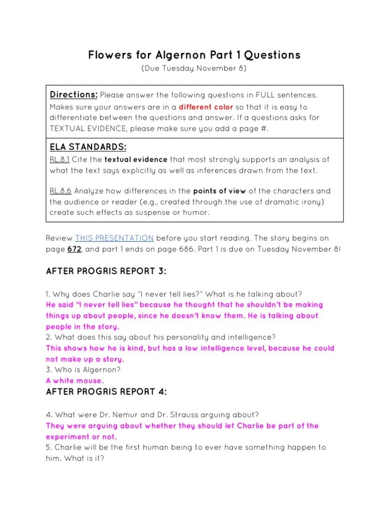 Flowers For Algernon Part 1 Questions Directions PDF