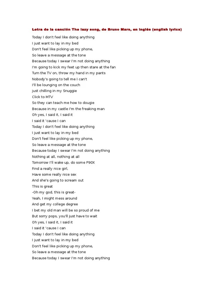 Bruno Mars the Lazy Song Recorded Music Songs