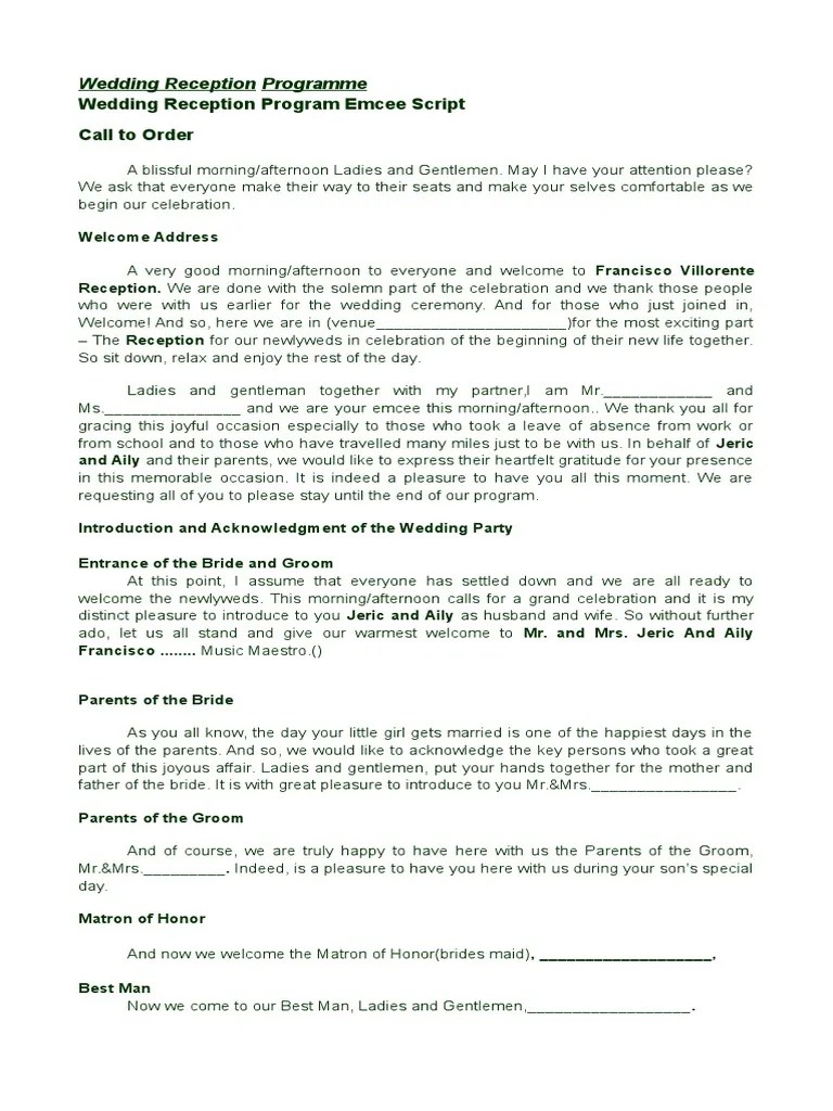 Wedding Reception Programme Script Bridesmaid Wedding