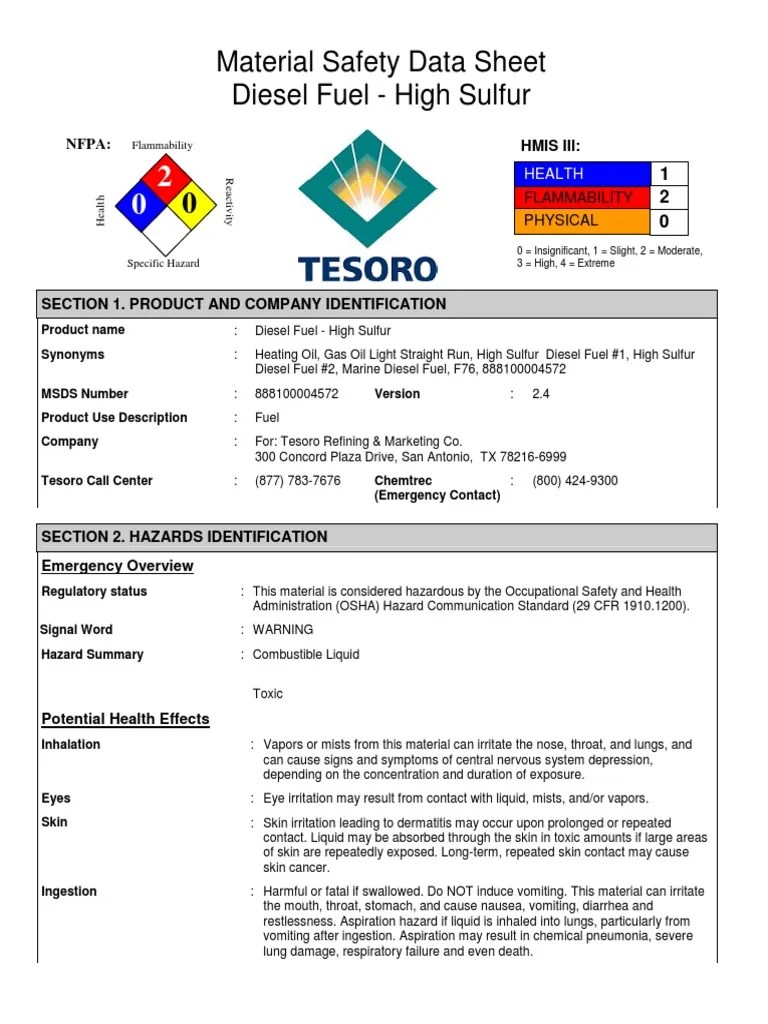 Material Safety Data Sheet Diesel Fuel High Sulfur Nfpa Hmis Iii