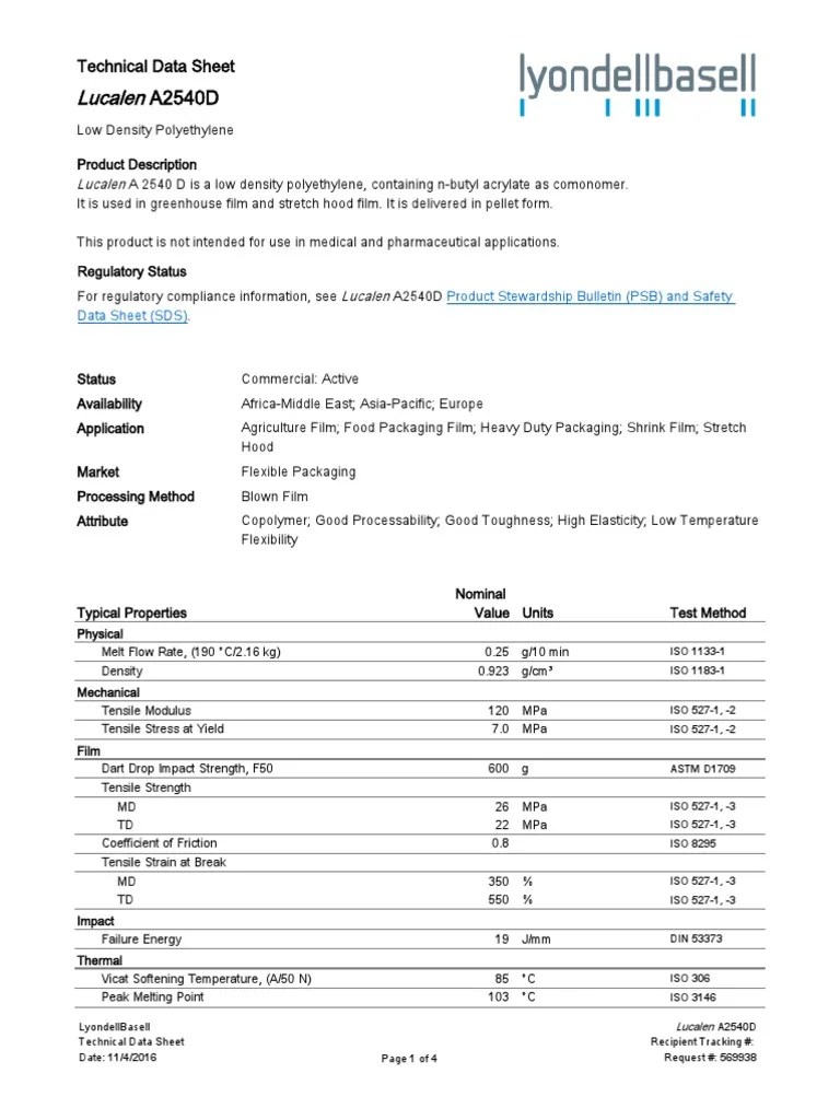 Technical Data Sheet Polyethylene Medical Device
