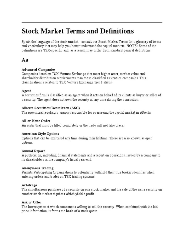 Stock Market Terms and Definitions Securities (Finance) Order (Exchange)