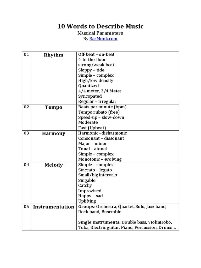 10 Words To Describe Music PDF Harmony Entertainment