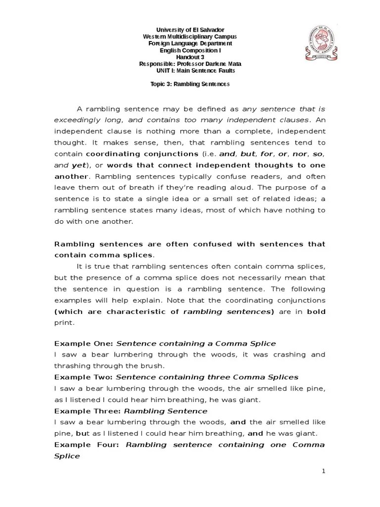 Rambling Sentences Handout Sentence (Linguistics) Comma