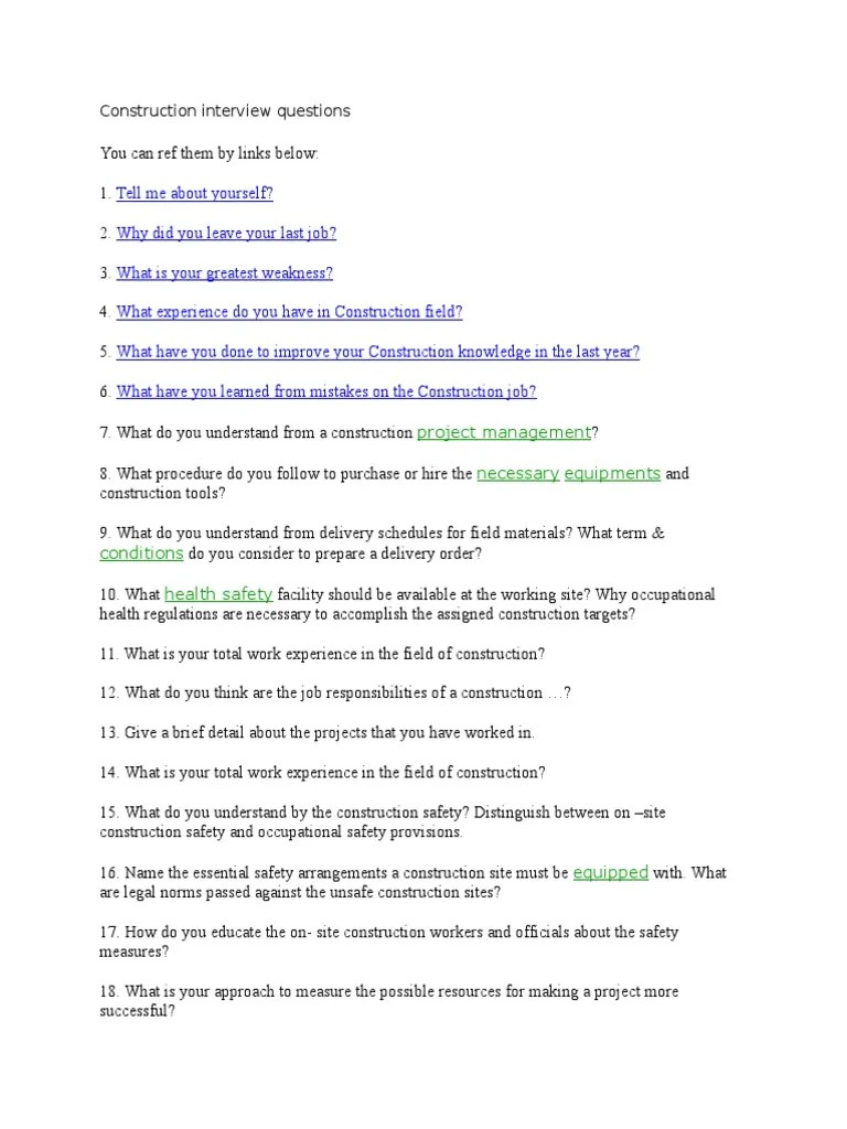 Construction Interview Questions (2) Project Management Employment