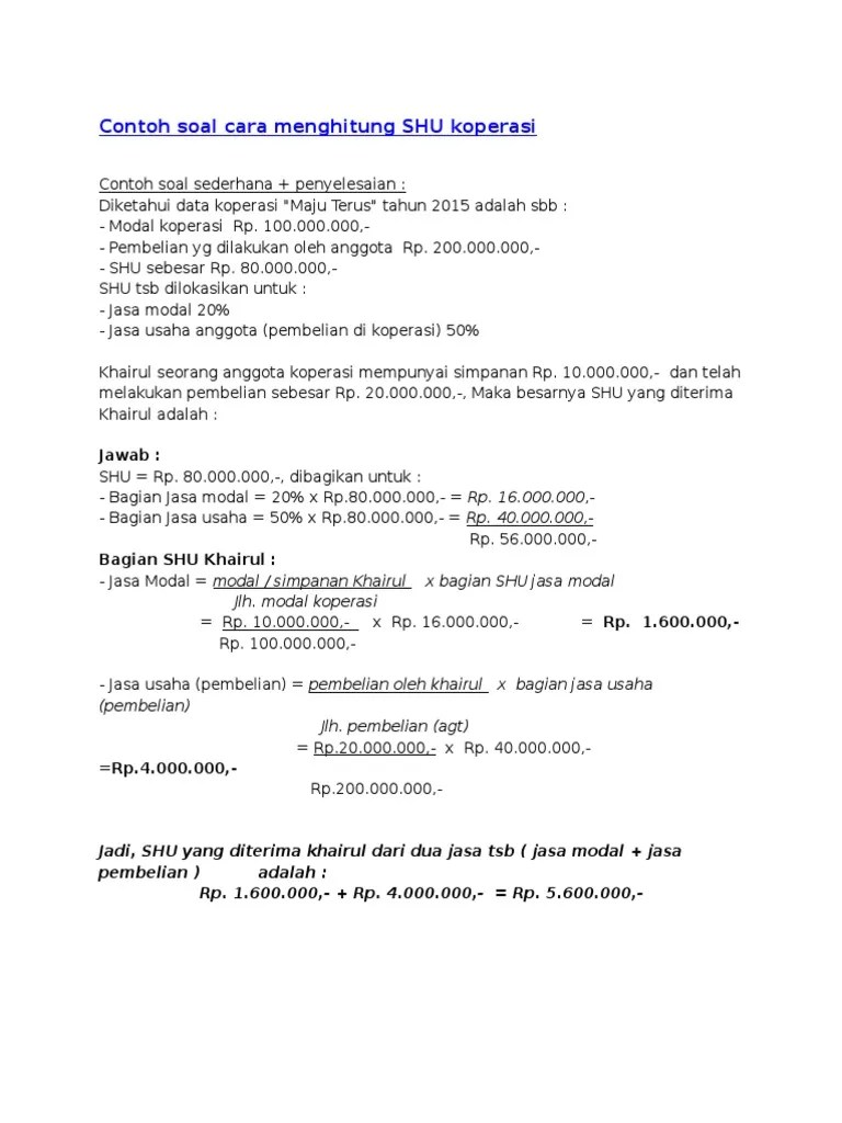 Contoh Soal Menghitung Shu Koperasi Perhitungan Soal