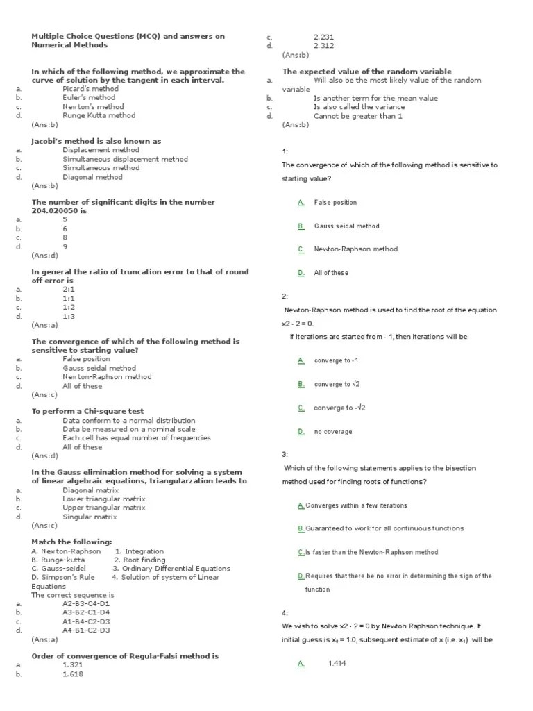 Multiple Choice Questions Numerical Methods PDF Numerical Analysis