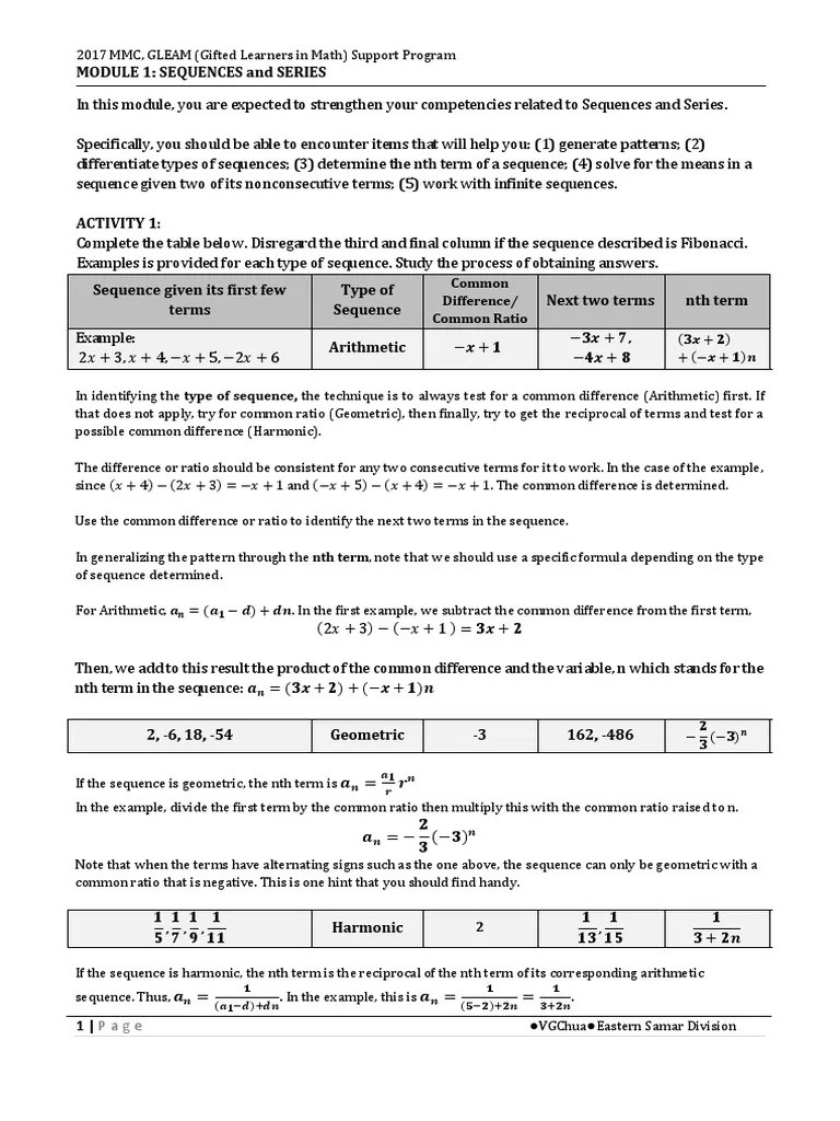 Module 1 Sequences and Series PDF Sequence Ratio