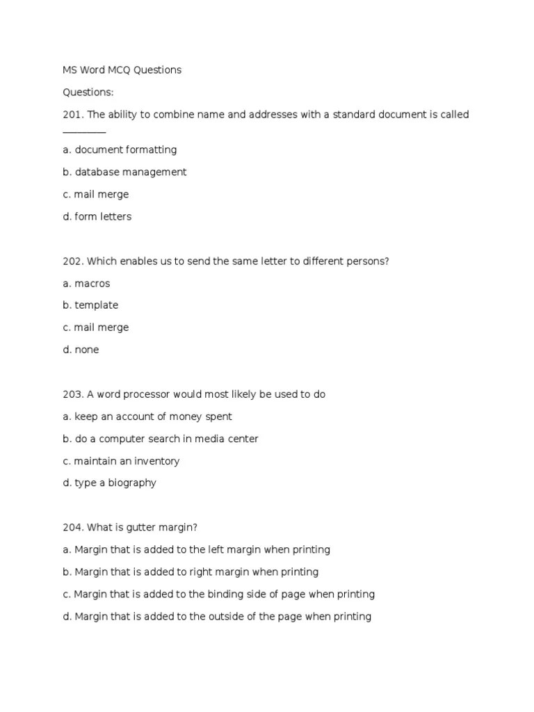 MS Word MCQ Questions Page Layout Microsoft Word