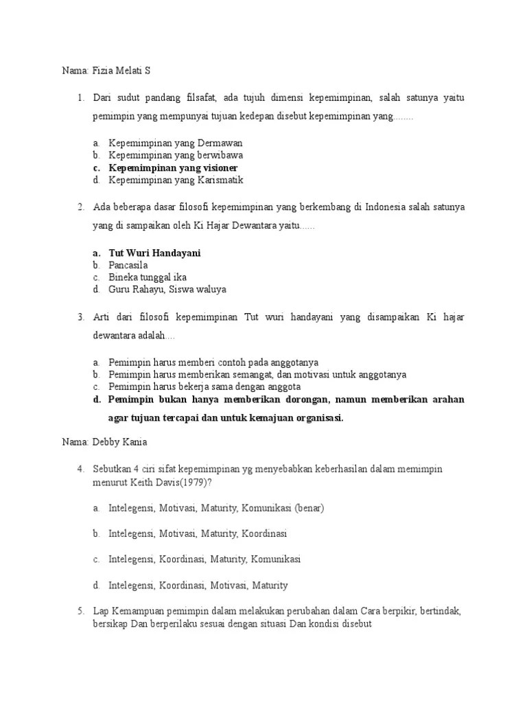Contoh Soal Kepemimpinan Dan Jawabannya Jejak Guru