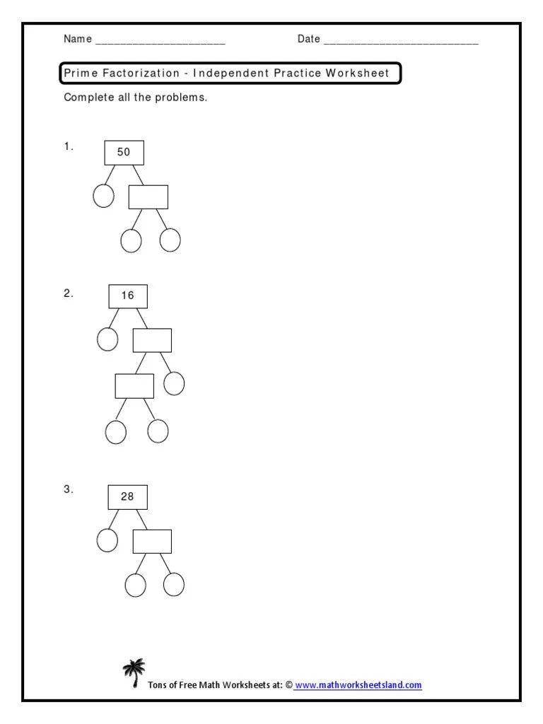 Prime Factorization Independent Practice Worksheet