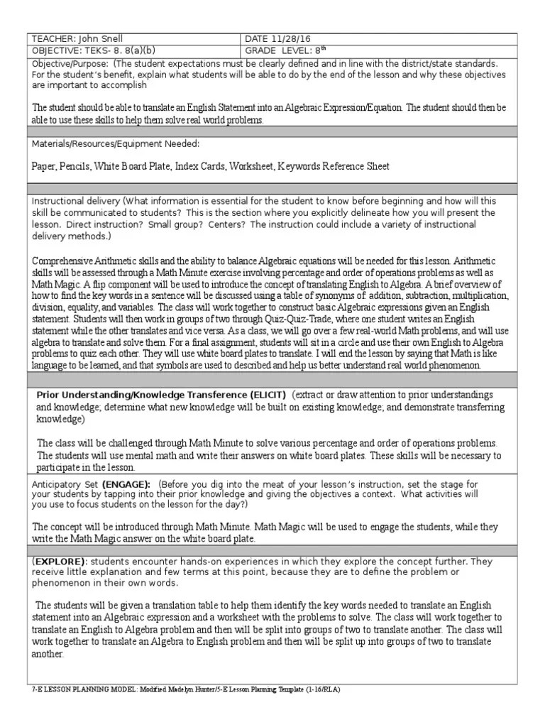 7 e lesson planning model modified madelyn hunter 5 e template 1 16 rla 2 1 Physics