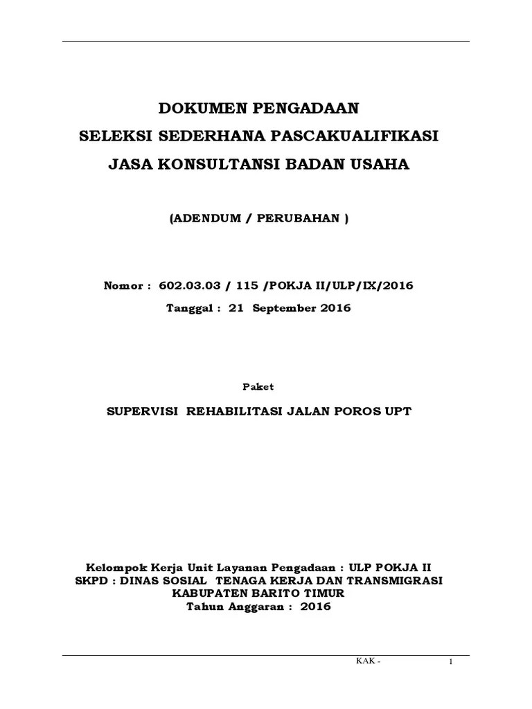 Adendum Perubahan SBD Supervisi Rehab Jalan Poros UPT | PDF