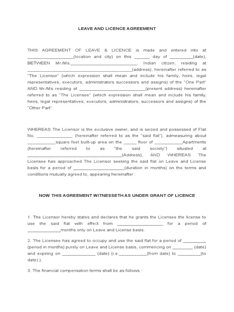 Leave and Licence Agreement License Landlord