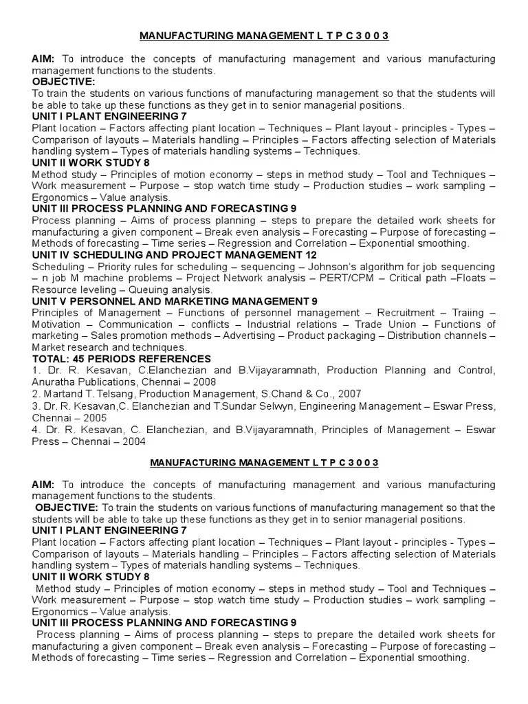 Manufacturing Management L T P C 3 0 0 3 PDF