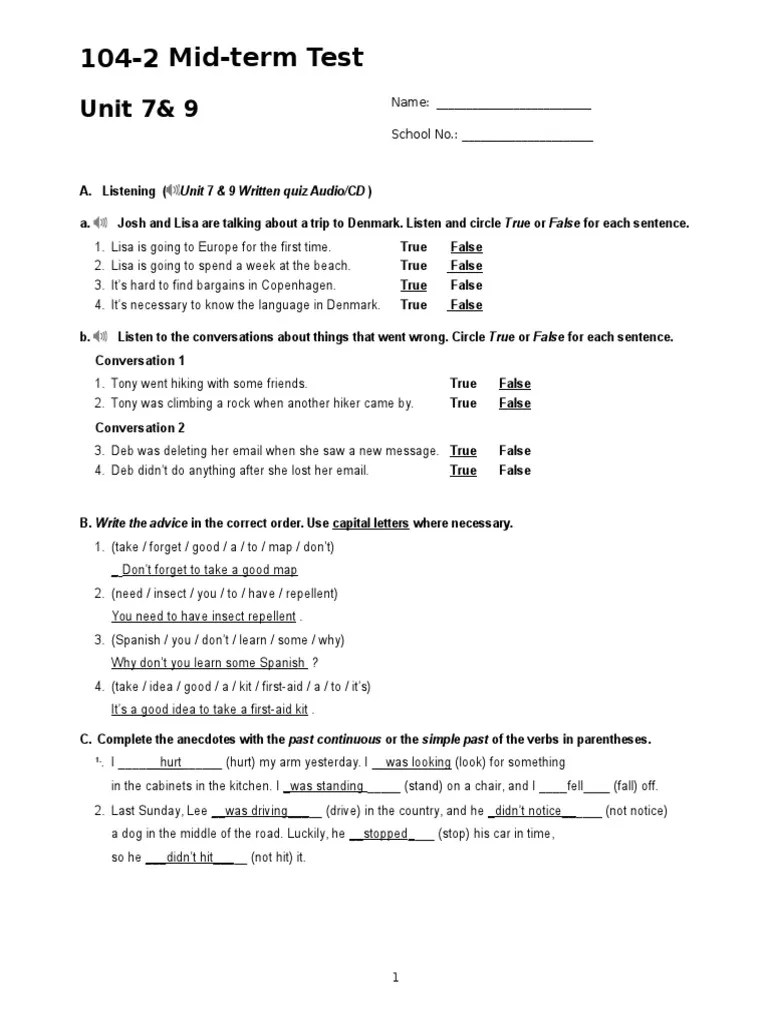 (Answer Key) 1042 Midterm Exam. Unit 7& 9 Languages Language Arts