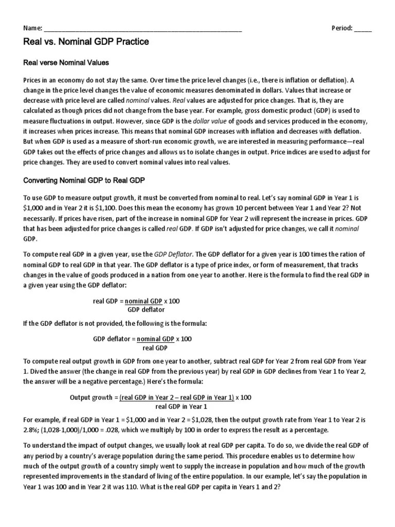 Real Vs Nominal GDP Practice PDF Real Versus Nominal Value