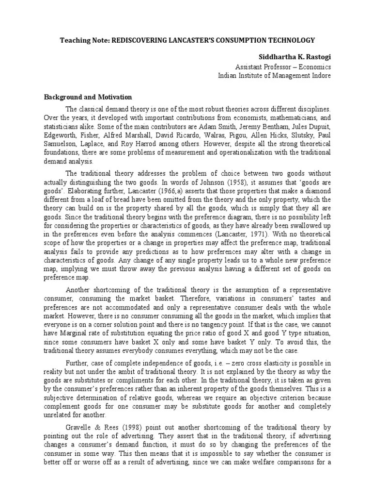 SKRastogi Teaching Note Lancaster Consumption Technology PDF