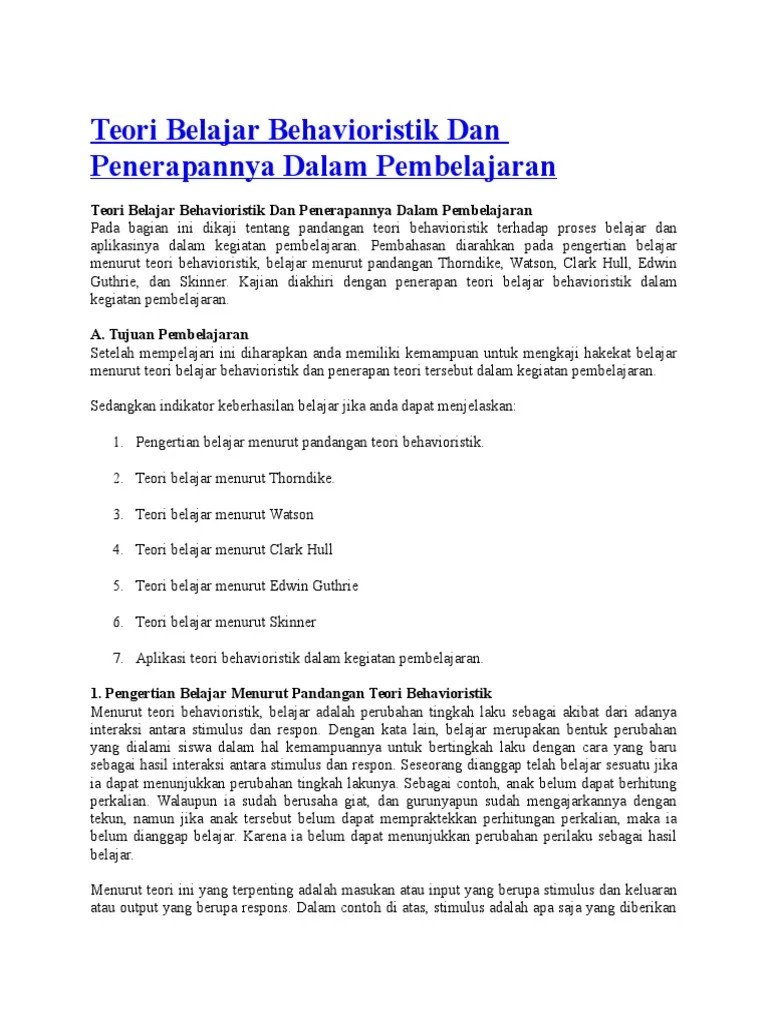 Teori Belajar Behavioristik Dan Penerapannya Dalam Pembelajaran