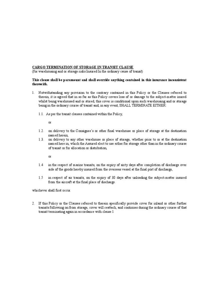 Cargo Termination of Storage in Transit Clause PDF