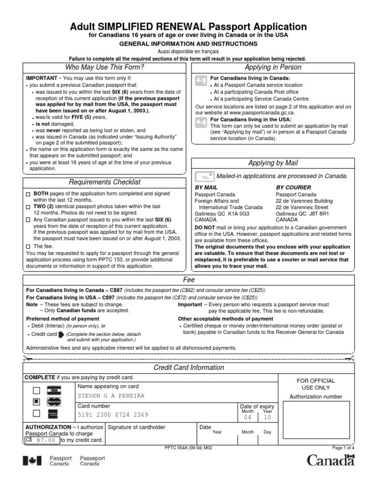 Canada Passport Form Pptc054 Money Order Credit Card