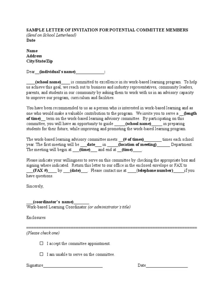 Sample Letter of Invitation For Potential Committee Members PDF