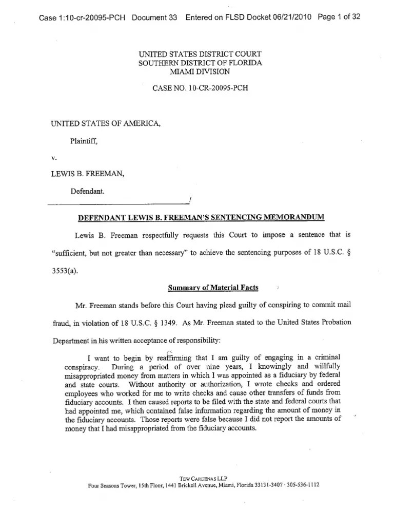 Lewis Freeman Sentencing Memorandum