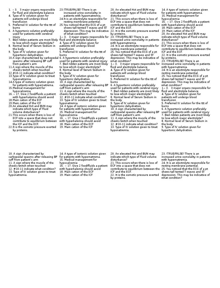 Fluid and Electrolyte Imbalance Quiz Dehydration Electrolyte