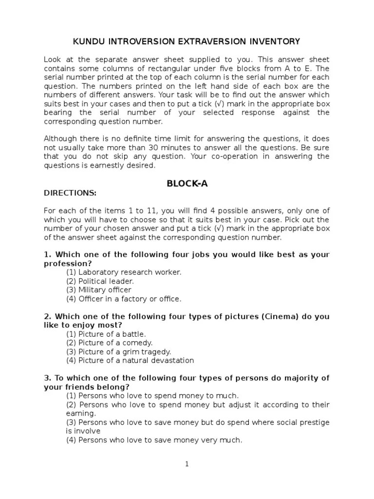 Kundu Introversion Extraversion Inventory PDF Teachers Teaching