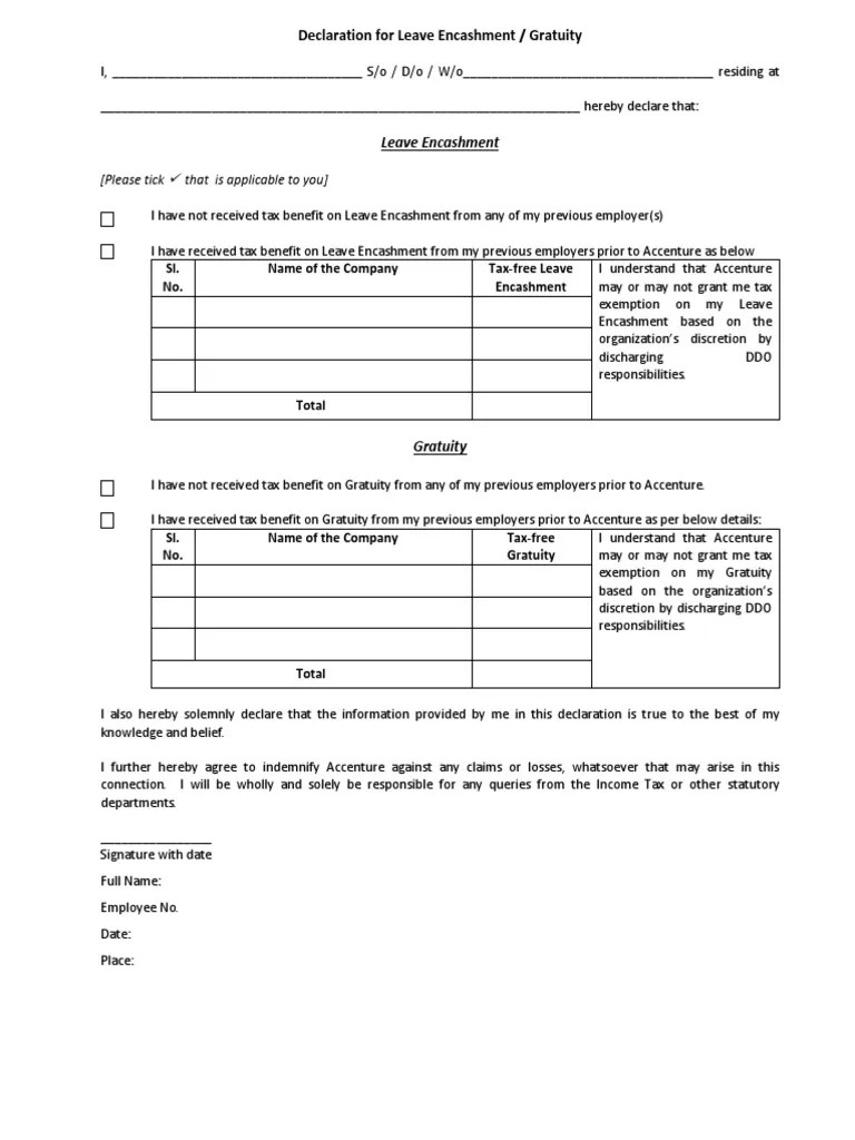 Declaration Leave Encashment Gratuity PDF
