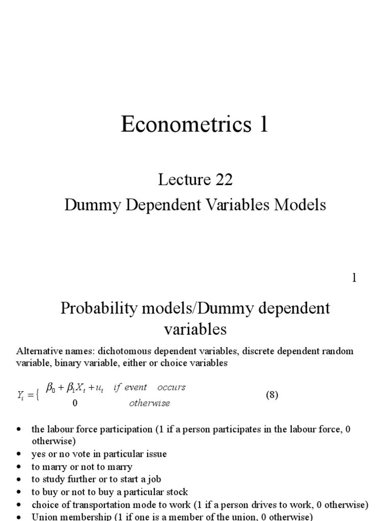 Econometrics 1 Dummy Dependent Variables Models Logistic Regression