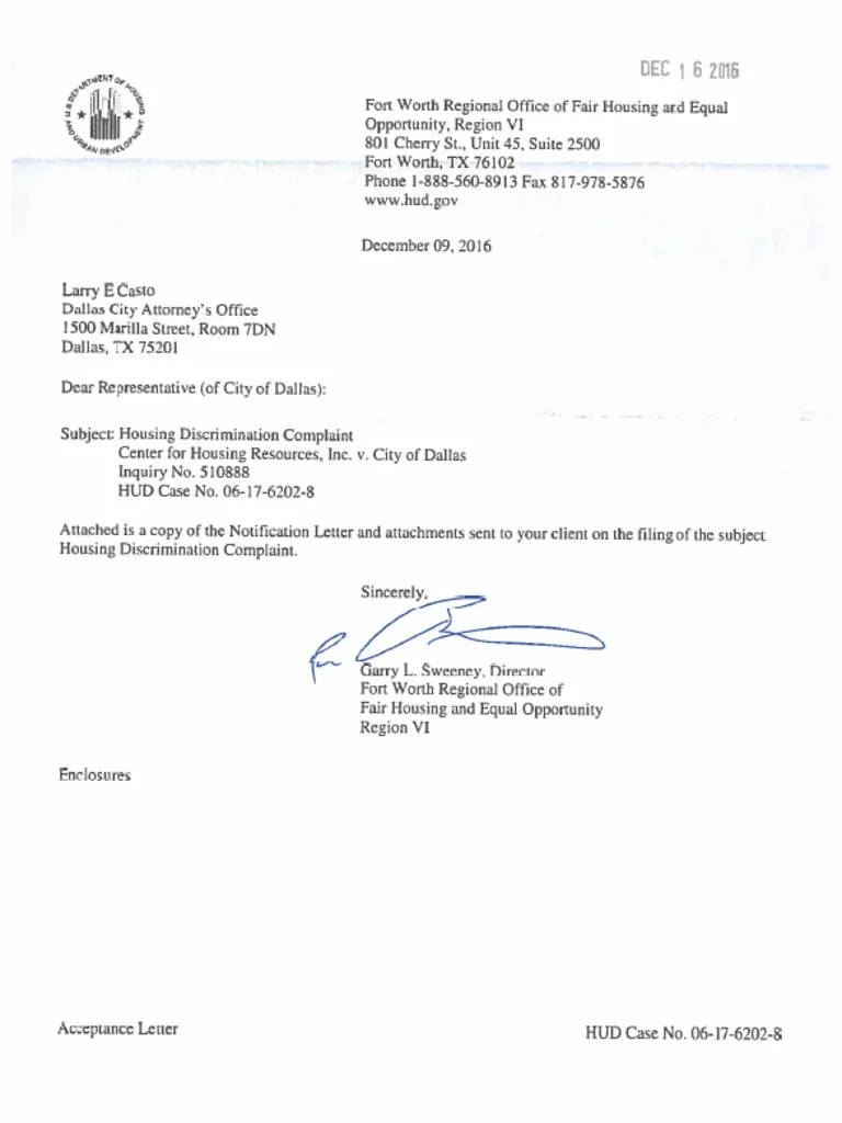 Casto Housing Discrimination Complaint Letter
