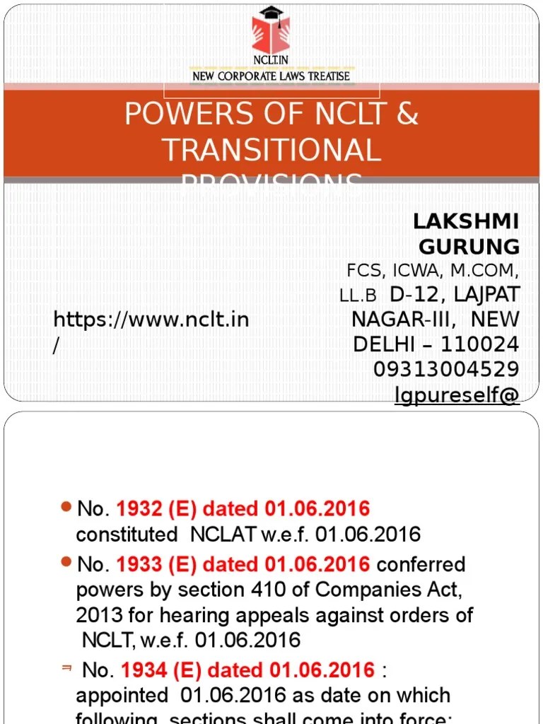 Powers of Nclt & Transitional Provisions Nclt Government Politics