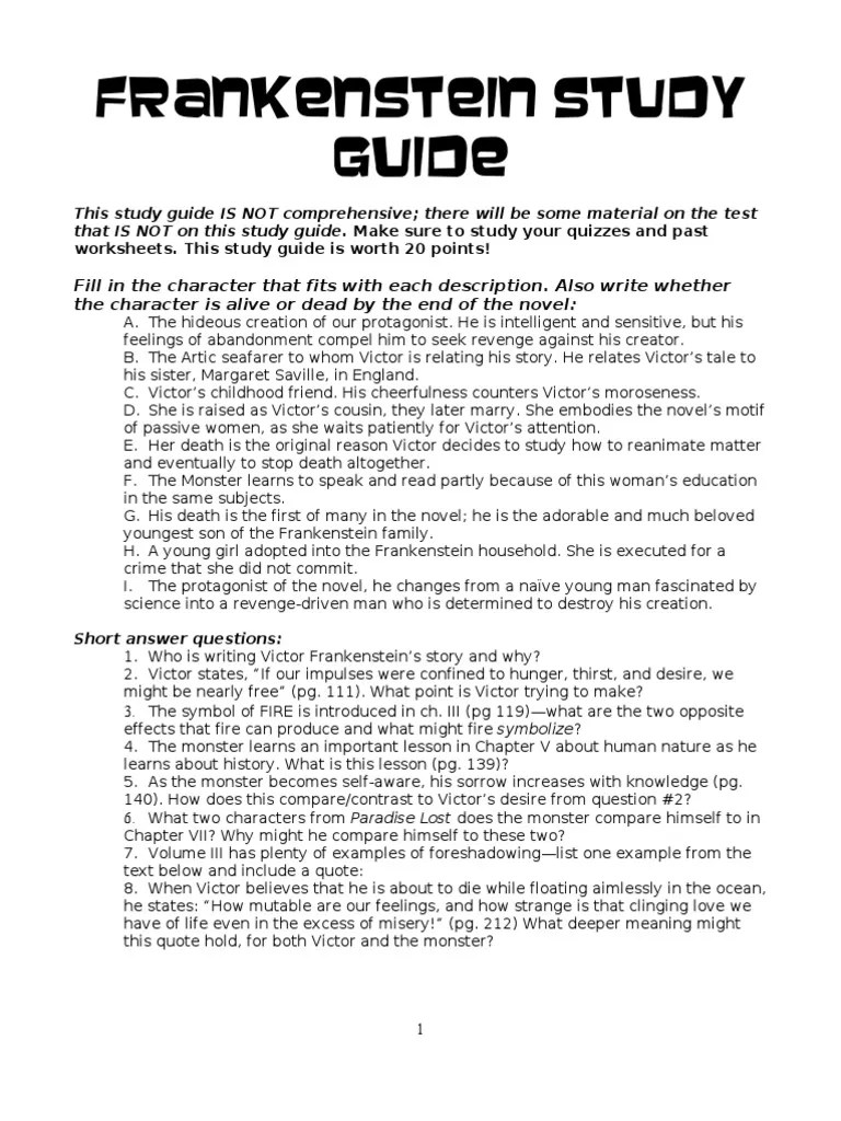 Frankenstein Study Guide Frankenstein Study Guide