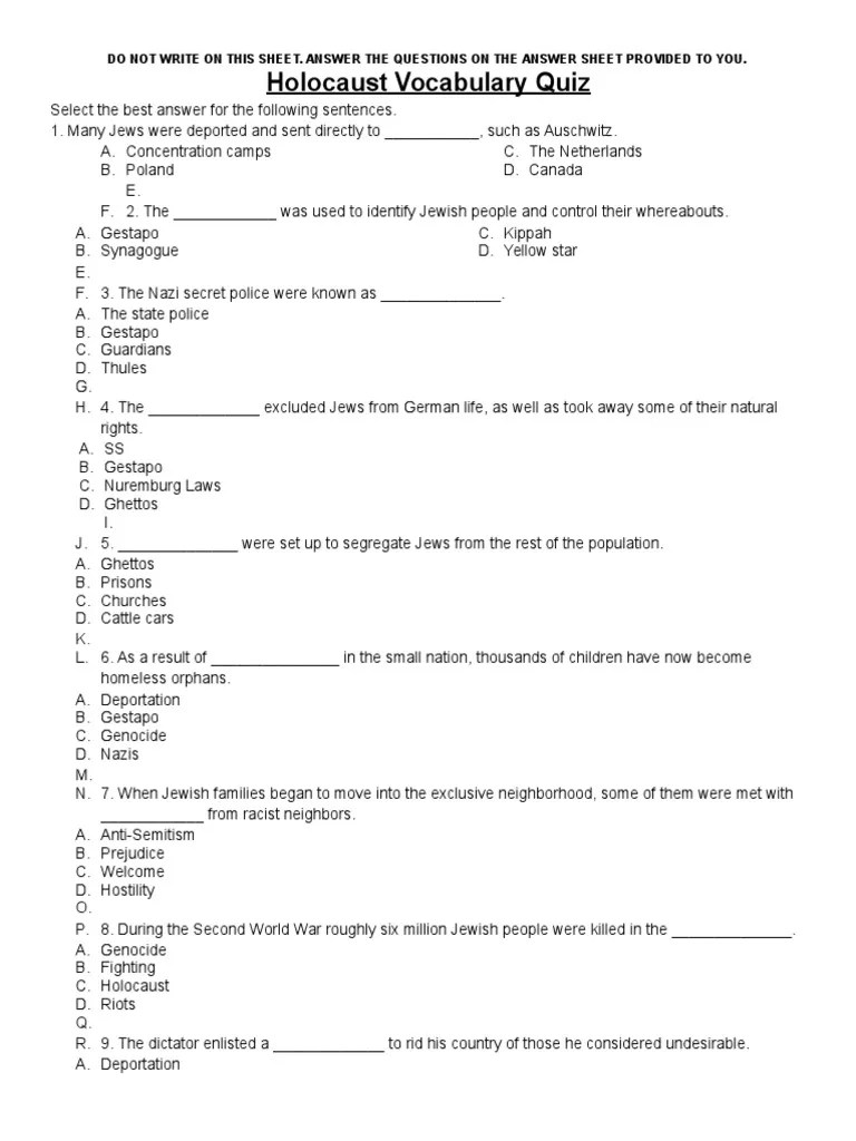 Holocaust Vocabulary Quiz | PDF | The Holocaust | Auschwitz