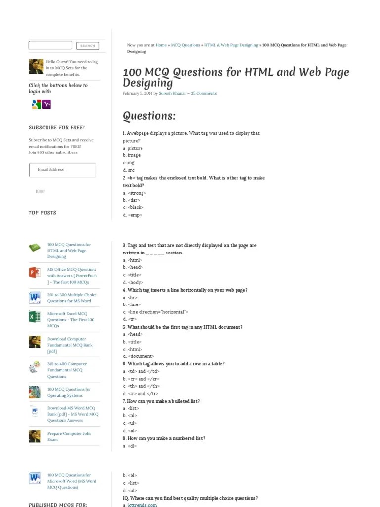 100 MCQ Questions for HTML and  Page Designing MCQ Sets Html
