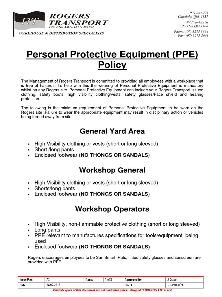 Personal Protective Equipment Policy RT POL 009 Personal Protective