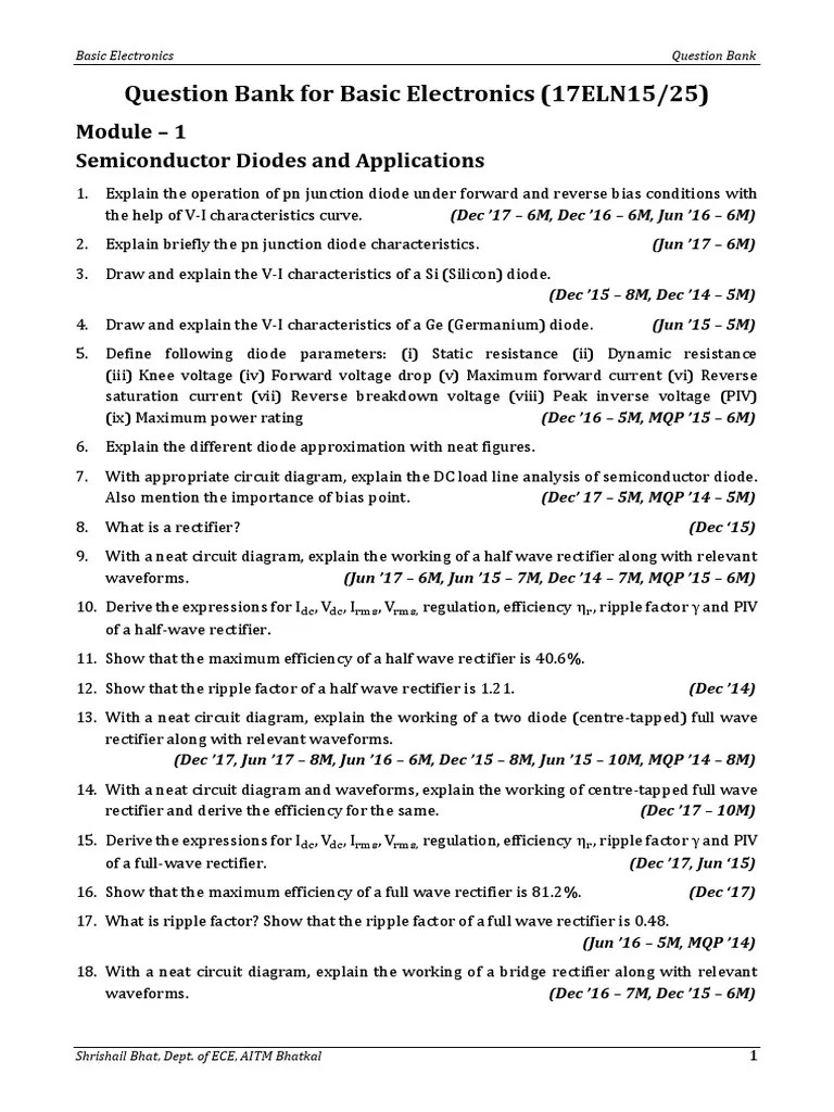 Basic Electronics Question Bank PDF PDF Rectifier Operational